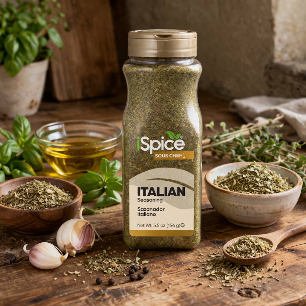 Spice Sous Chef Italian seasoning bottle on a wooden surface with herbs and ingredients.
