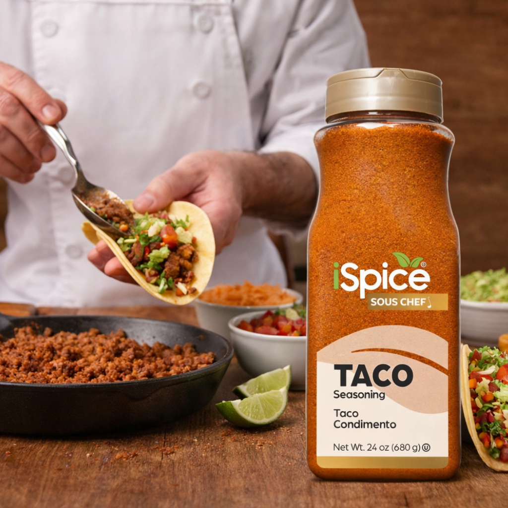 iSpice taco seasoning placed beside prepared tacos with lime, jalapeño, and salsa