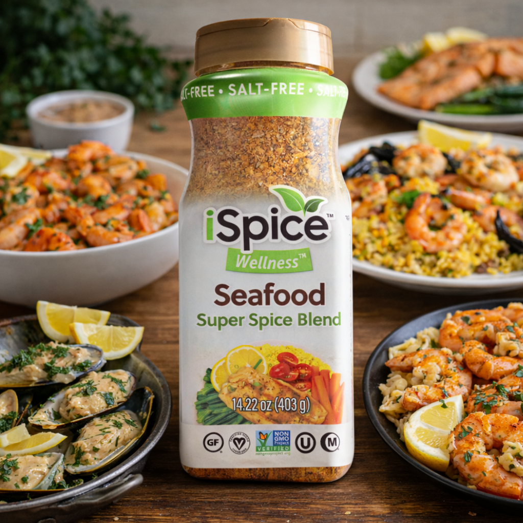 iSpice Wellness Seafood Super Spice Blend bottle with various seafood dishes in the background.