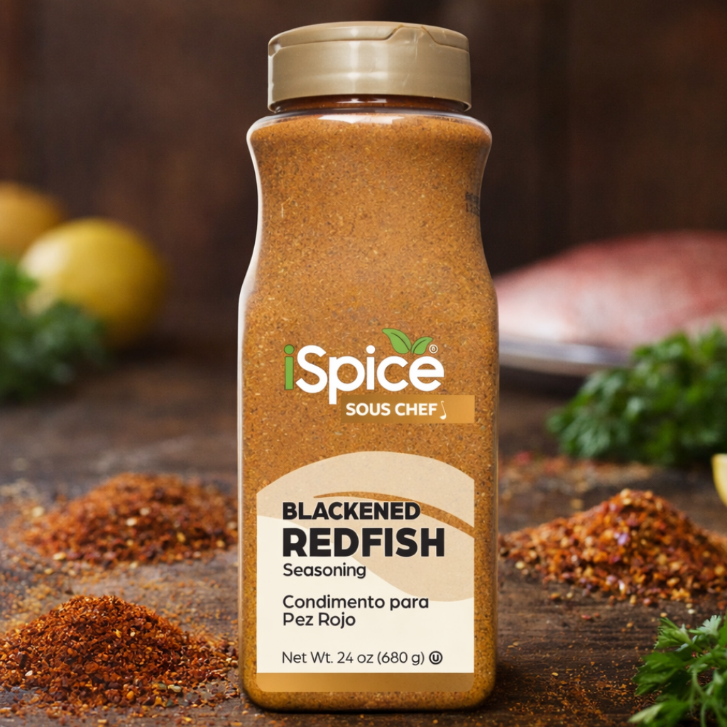 iSpice Blackened Redfish seasoning bottle on a wooden surface with ingredients in the background