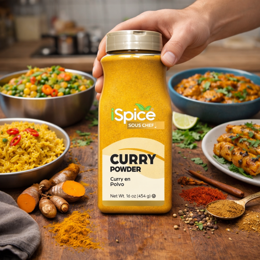 Spice bottle labeled 'Curry Powder' held by a hand with food in the background
