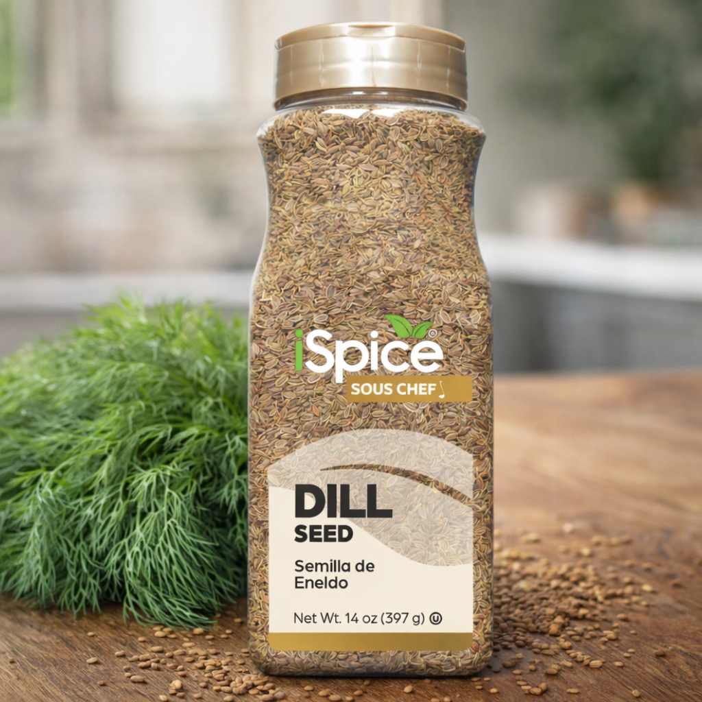 Spice jar labeled 'Dill Seed' by 'Sous Chef' on a wooden surface with dill plants.