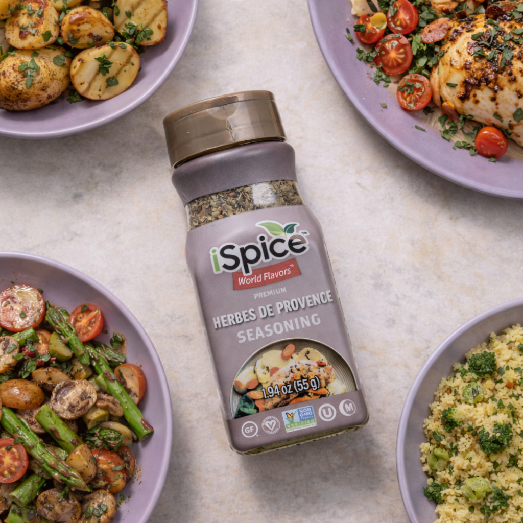 iSpice Herbes de Provence seasoning bottle on a table with plates of food