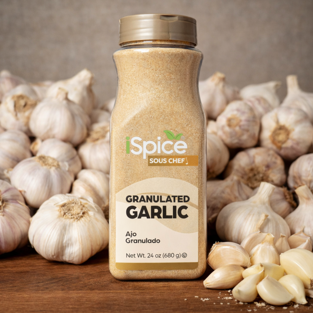 Bottle of iSpice Sous Chef granulated garlic with garlic bulbs in the background