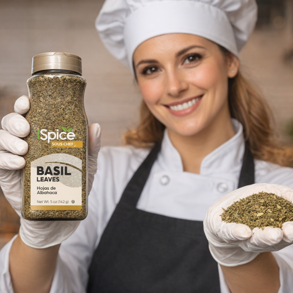 Person in chef attire holding a bottle of 'Spice' basil leaves and a small bowl of basil.