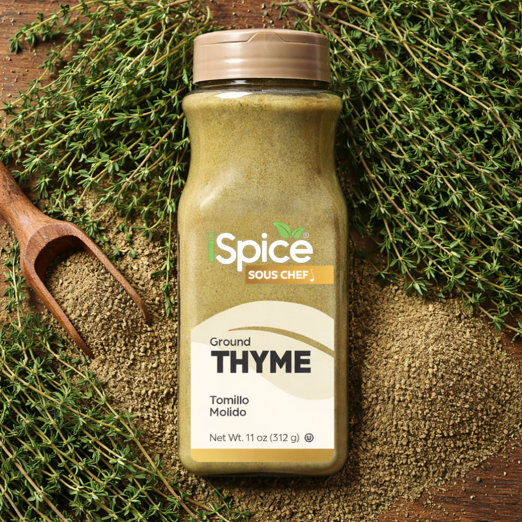 Bottle of ground thyme with a wooden scoop and thyme leaves on a wooden surface