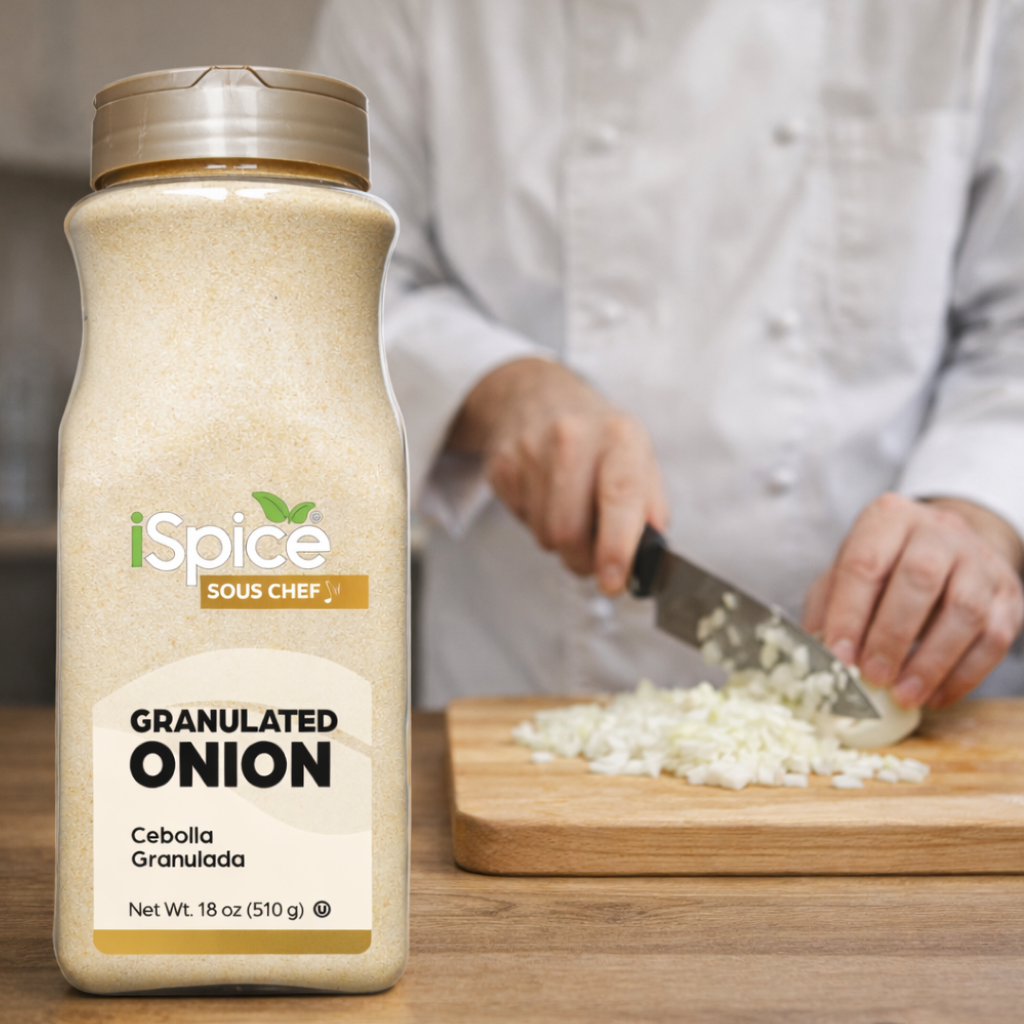 iSpice Sous Chef granulated onion container with a chef chopping onions in the background
