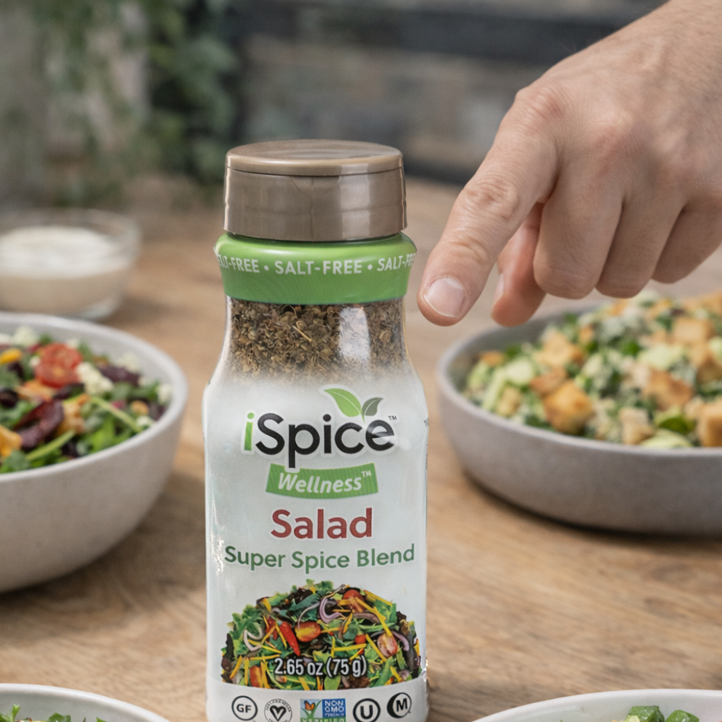 iSpice Wellness Salad Super Spice Blend bottle with a hand pointing to it, surrounded by salads on a wooden table.