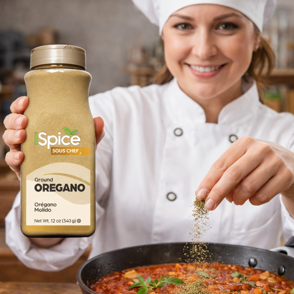 Person in a chef's outfit holding a bottle of Spice Sous Chef oregano and sprinkling it into a pan.