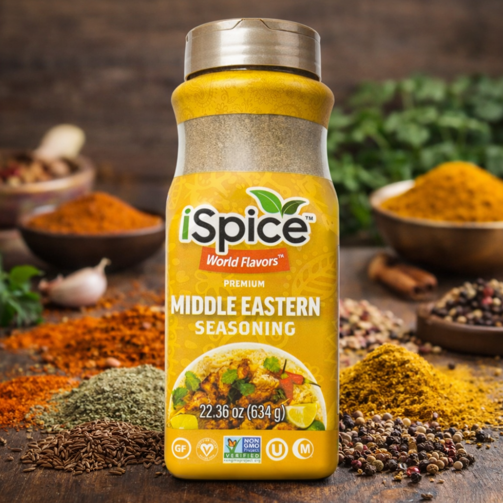 iSpice Middle Eastern seasoning bottle with spices in the background