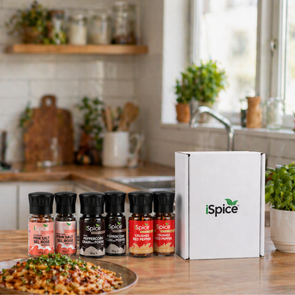 Spice bottles and a box on a kitchen counter with a blurred background