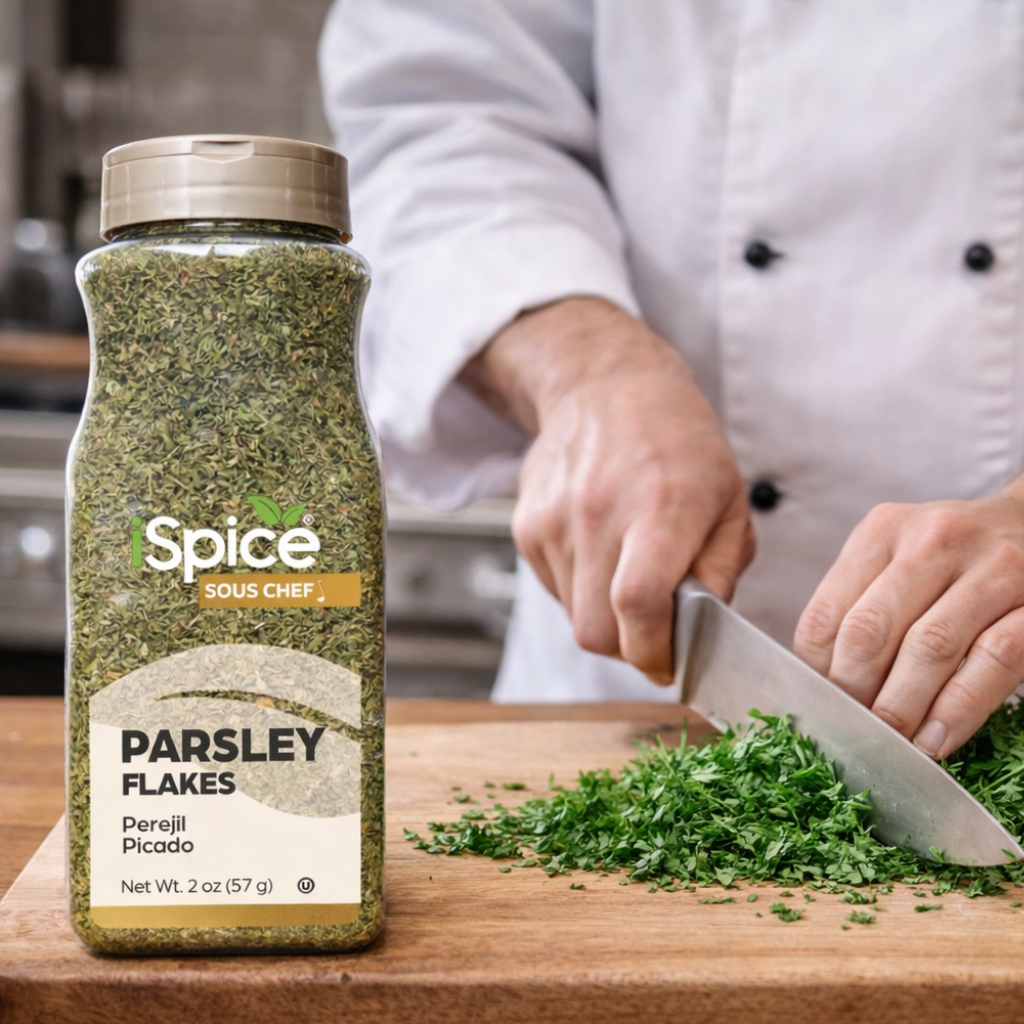 Jar of Spice Sous Chef parsley flakes with a person chopping parsley in the background