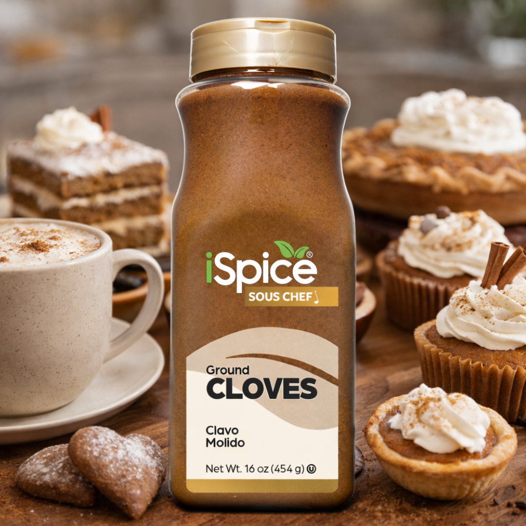 iSpice Ground Cloves bottle with a cup of coffee and pastries in the background
