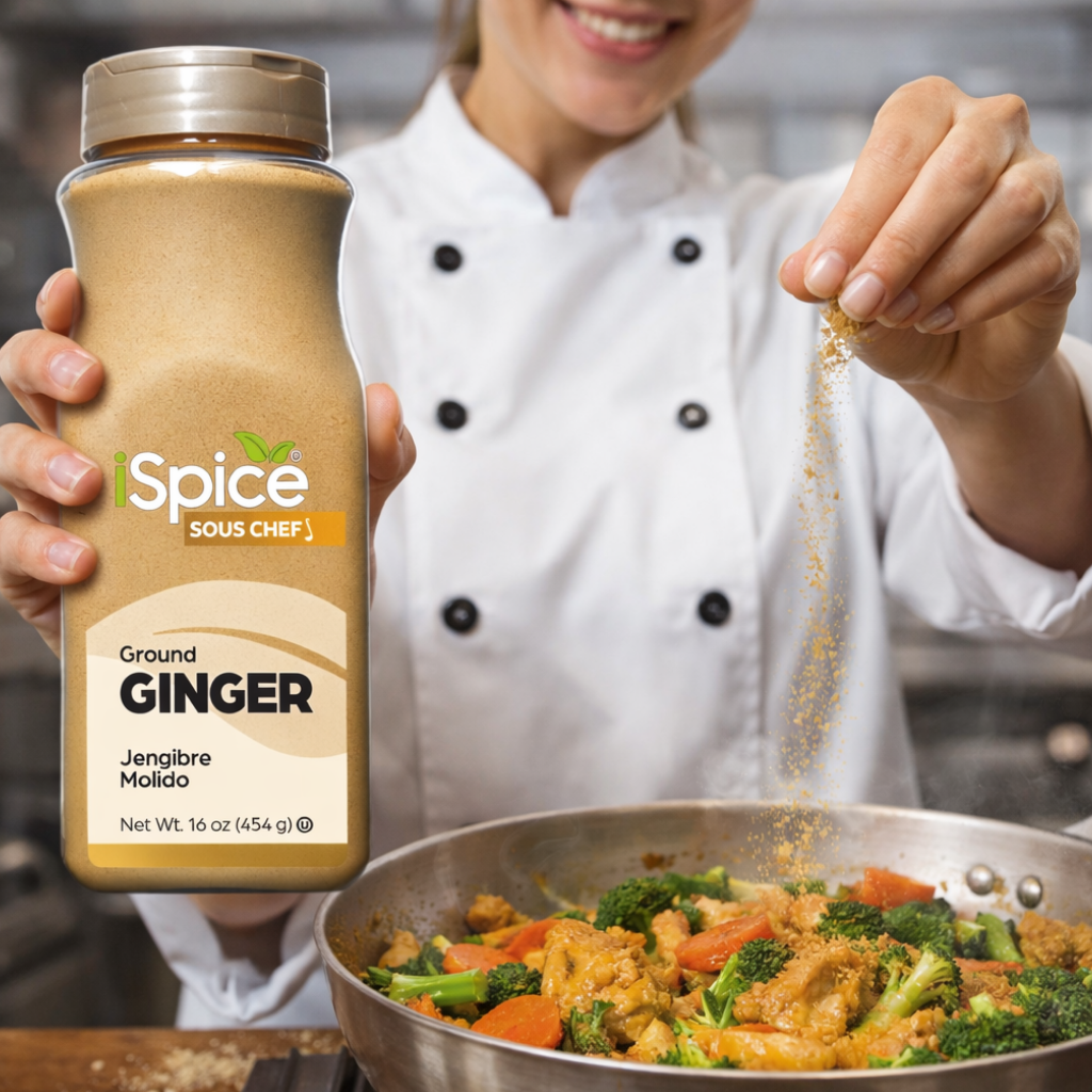 Person seasoning food with Spice Sous Chef ground ginger in a kitchen setting