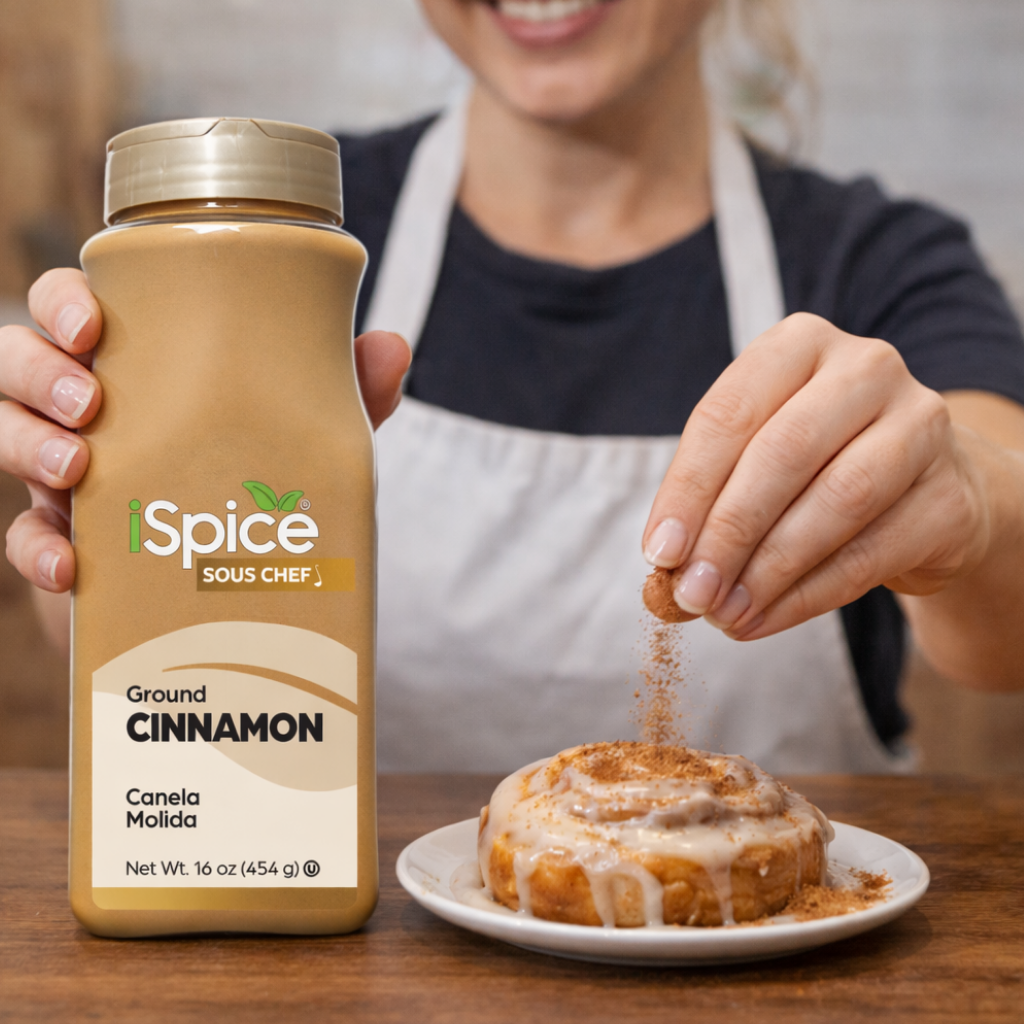 Person sprinkling cinnamon from iSpice Sous Chef bottle onto a cinnamon roll.