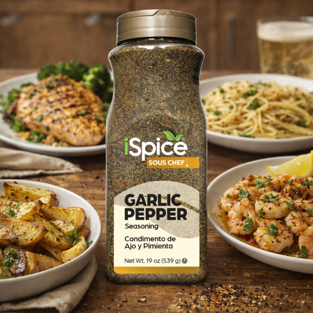 iSpice Garlic Pepper seasoning bottle on a wooden table with plates of food in the background