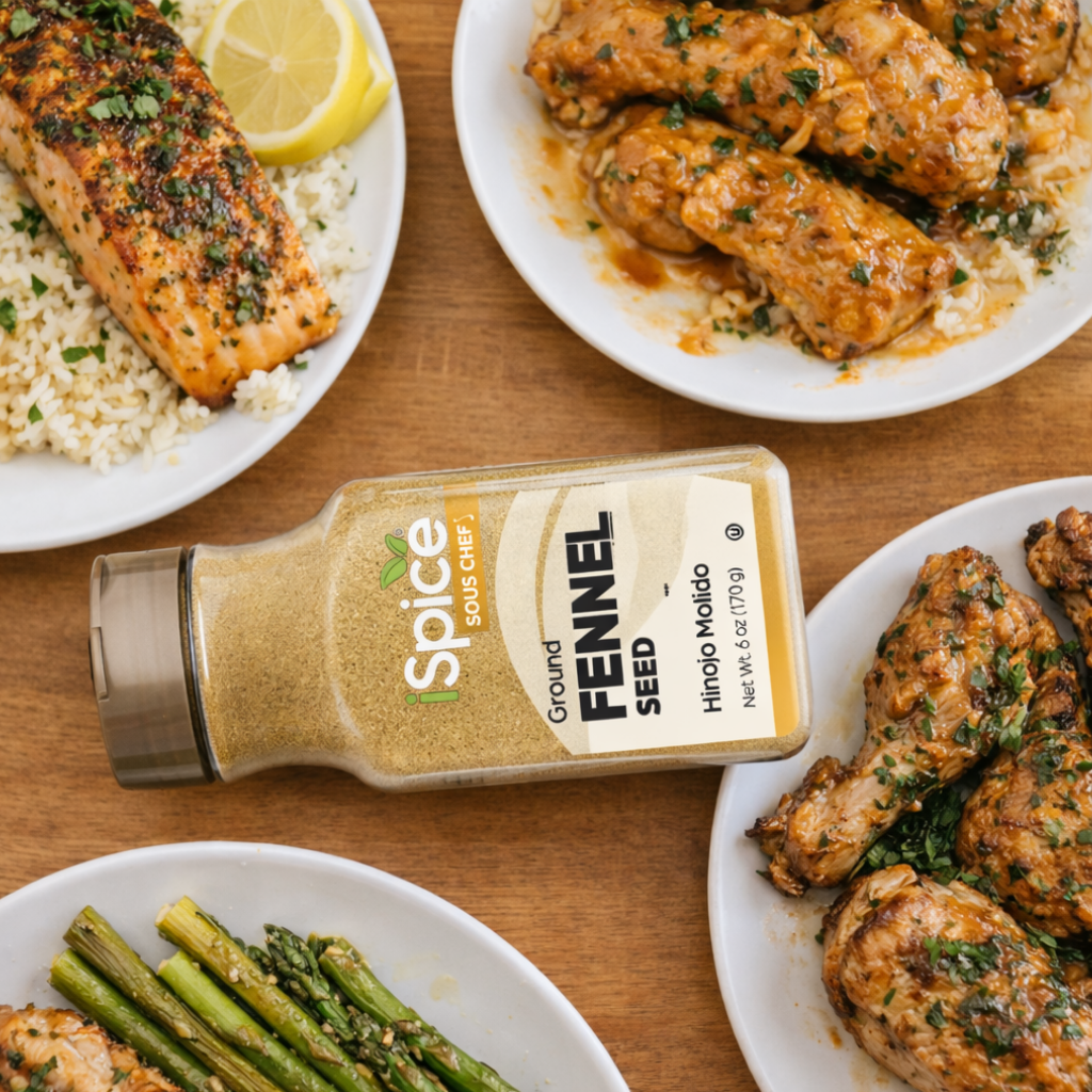 Spice Chef fennel seed bottle with plates of food on a wooden table