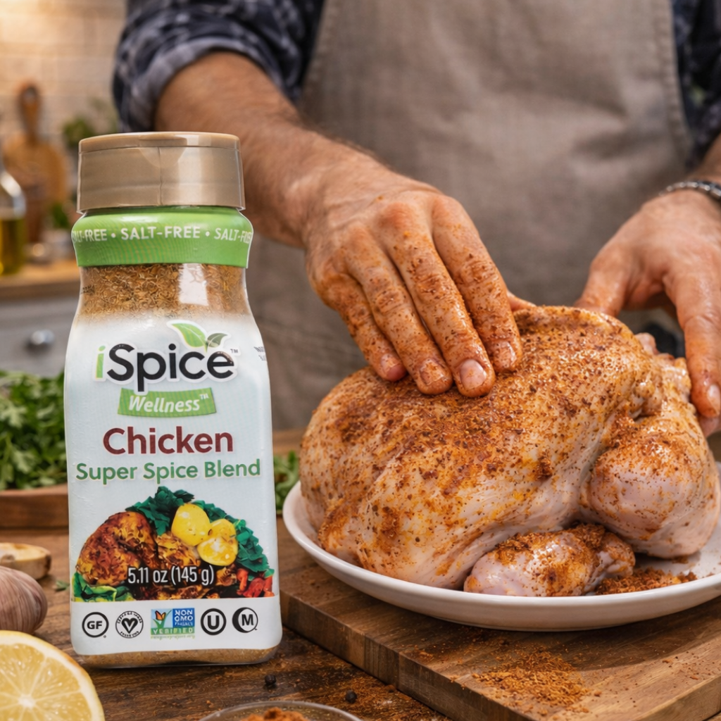 Person seasoning a chicken with Spice Wellness Chicken Super Spice Blend in a kitchen setting.