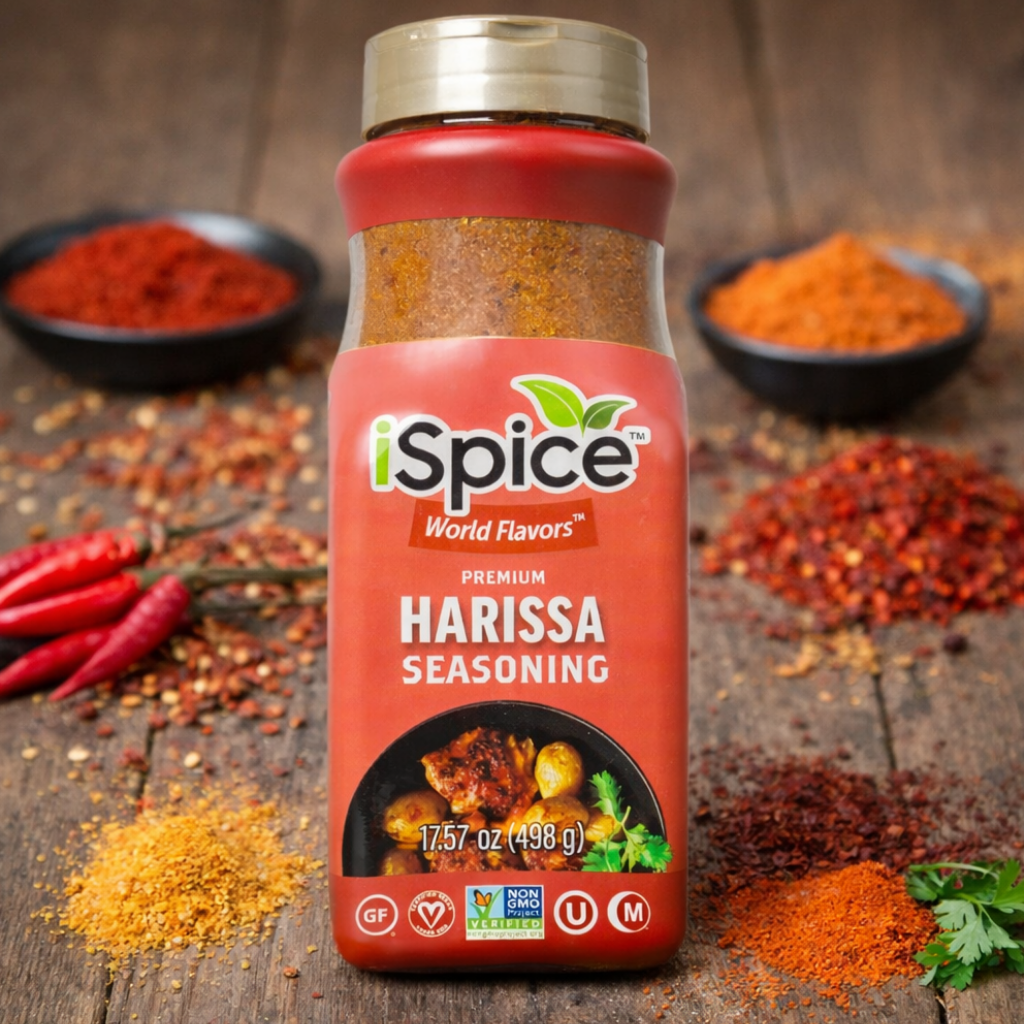 harissa seasoning bottle on wooden table with surrounding spices and dishes top view