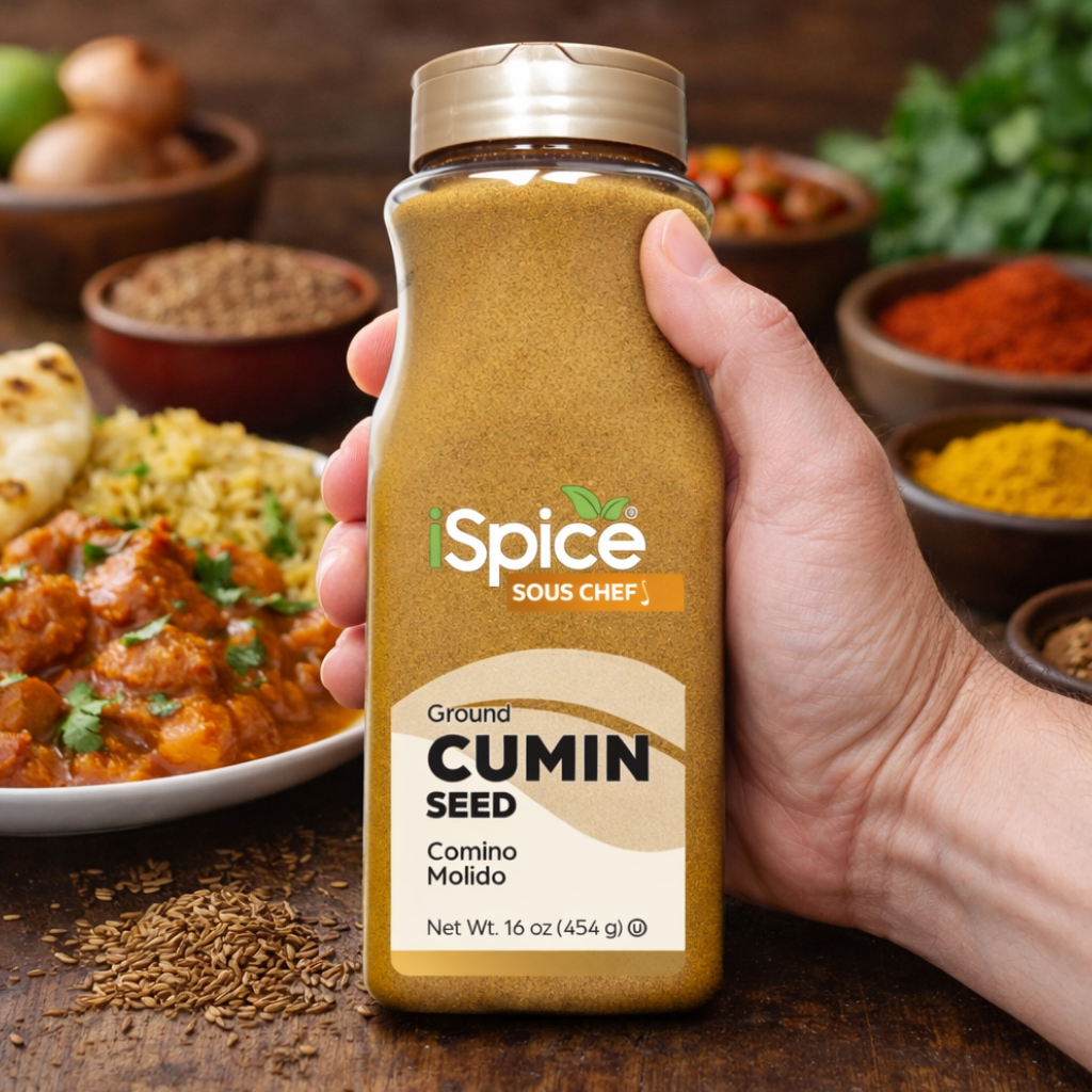 Hand holding a bottle of 'Spice Sous Chef' ground cumin seed with a background of spices and food.