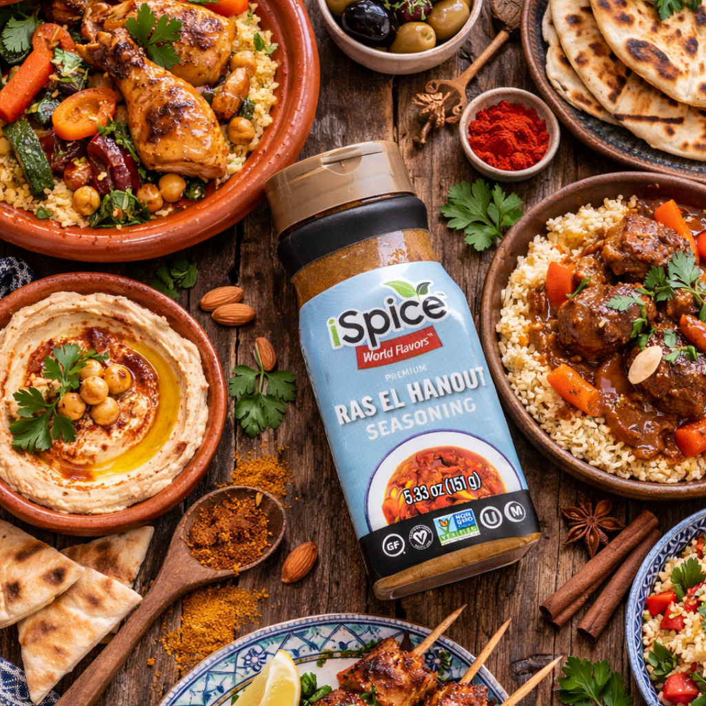 Spice World Flavors Ras El Hanout seasoning bottle surrounded by various dishes on a wooden table.