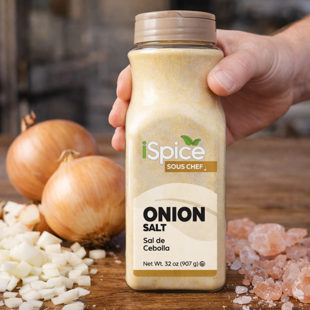 Hand holding a bottle of iSpice Sous Chef Onion Salt with onions and salt crystals on a wooden surface.