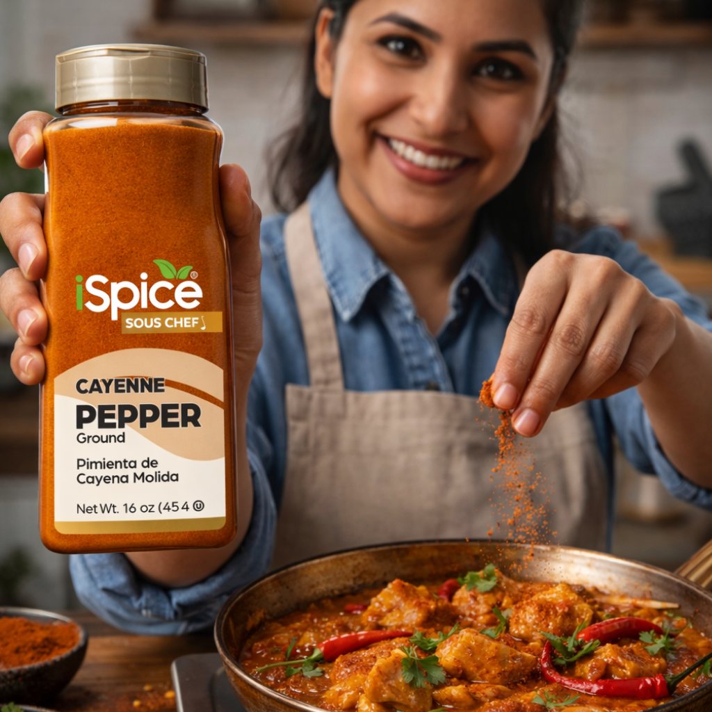 Woman in a kitchen holding a jar of Spice Sous Chef cayenne pepper and sprinkling it over food.