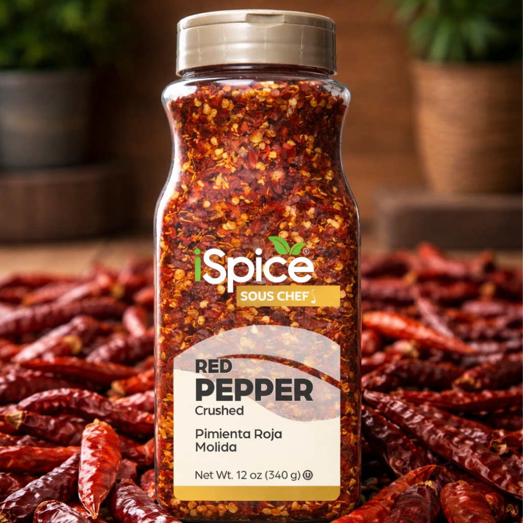 Bottle of iSpice Sous Chef red pepper surrounded by dried red peppers.