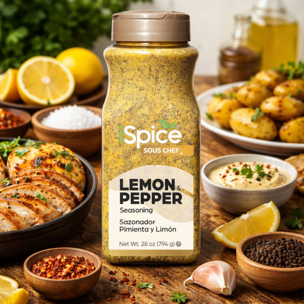 Spice Sous Chef Lemon & Pepper seasoning bottle on a wooden table with food items.