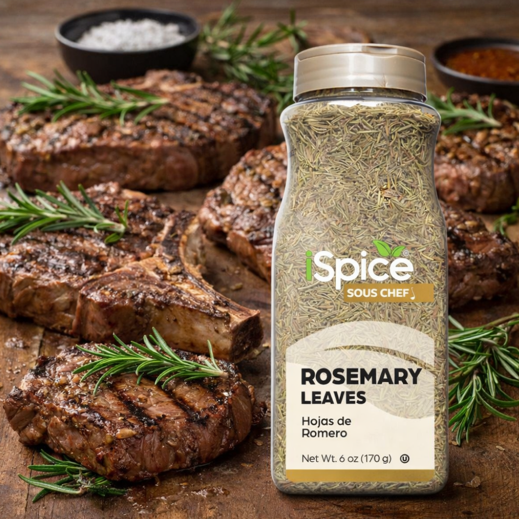 Spice jar labeled 'Rosemary Leaves' on a wooden surface with grilled meat and rosemary sprigs.