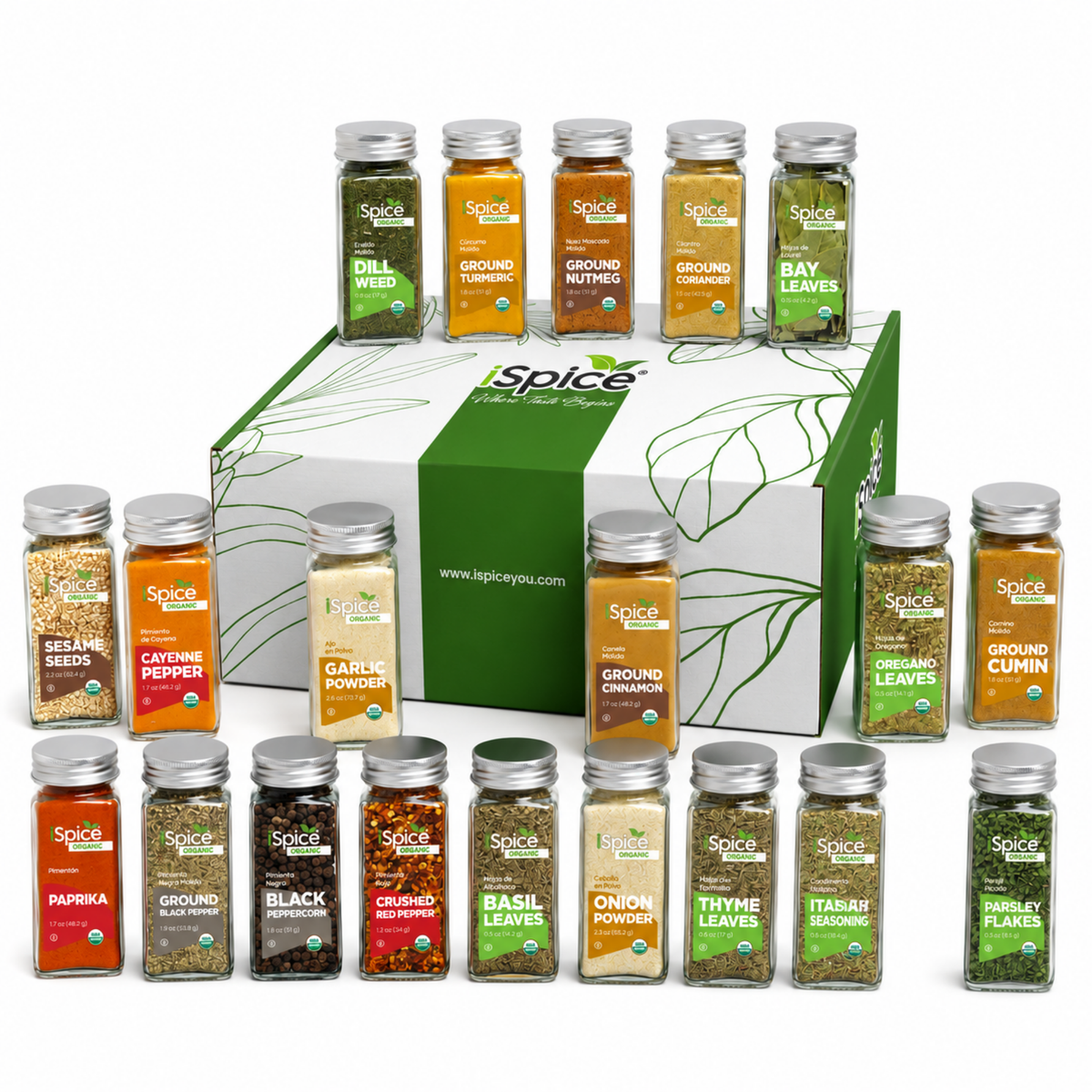 Collection of spice jars with a green box labeled 'Spice' on a white background