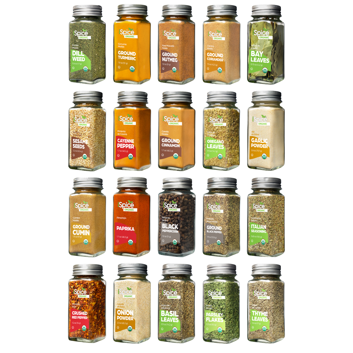 Collection of various spice jars on a white background