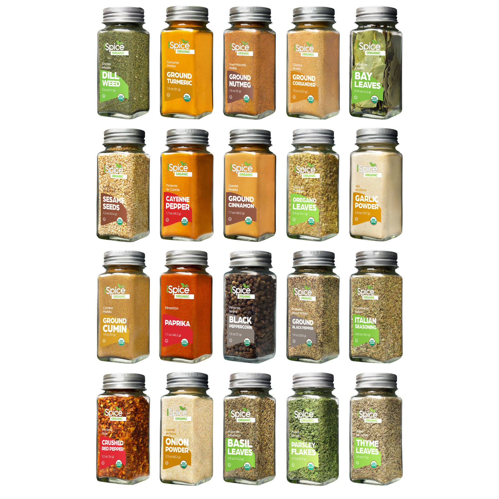 Collection of various spice jars on a white background