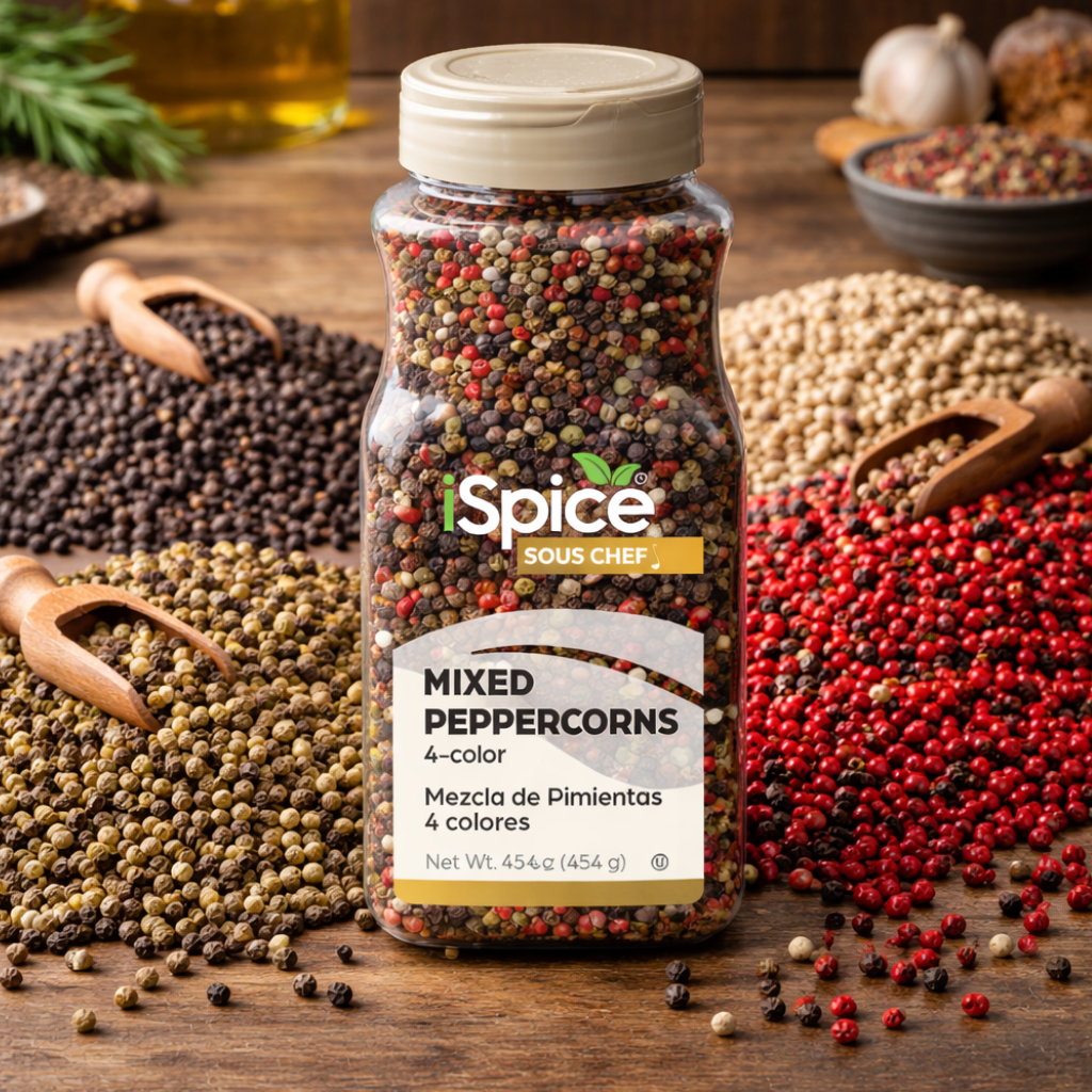 Bottle of iSpice Mixed Peppercorns on a wooden surface with various types of peppercorns.