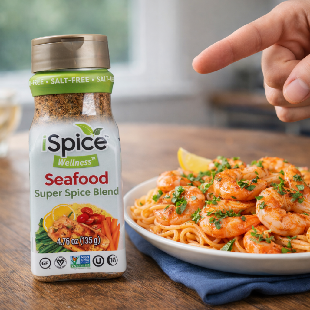 iSpice Wellness Seafood Super Spice Blend bottle with a plate of shrimp pasta in the background