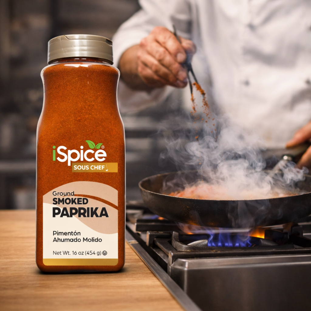 iSpice Smoked Paprika bottle with a chef cooking in the background