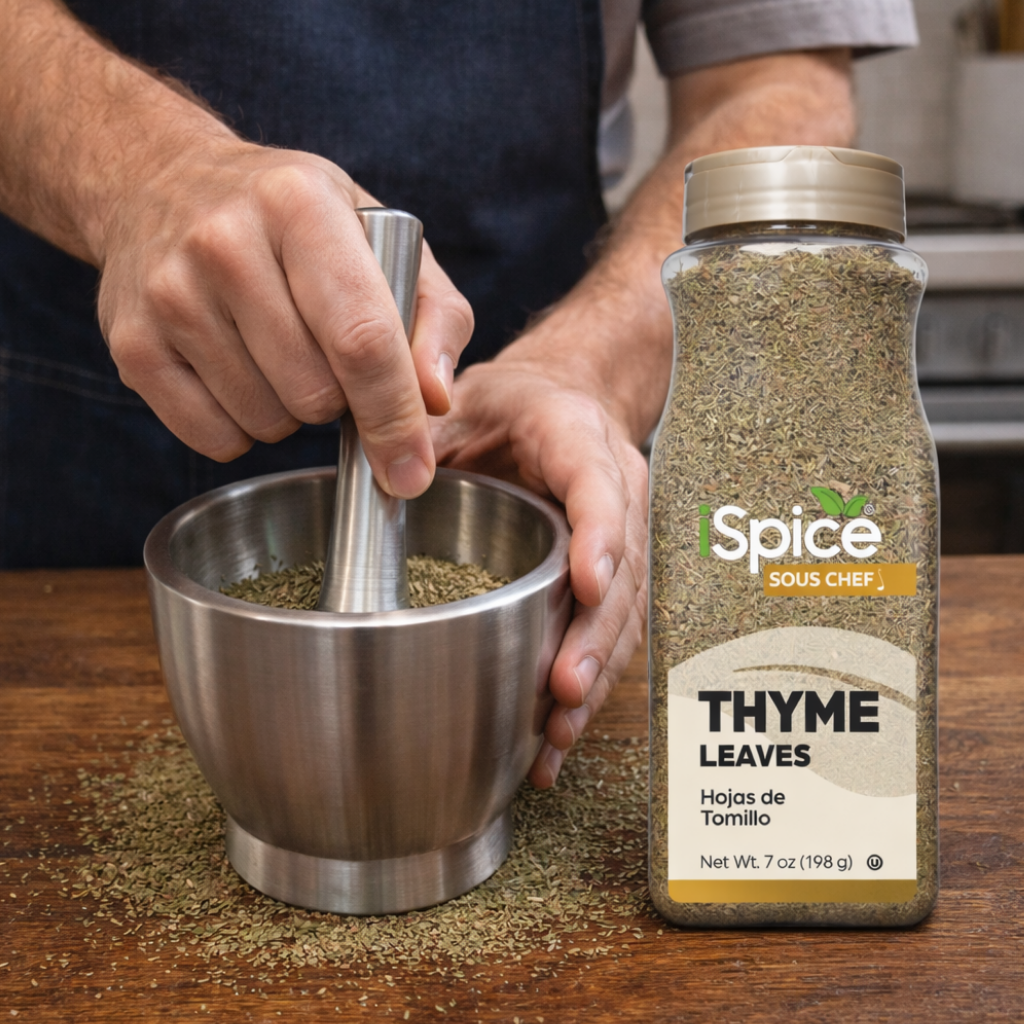 Person using a mortar and pestle with a bottle of Spice Sous Chef Thyme Leaves on a wooden surface.