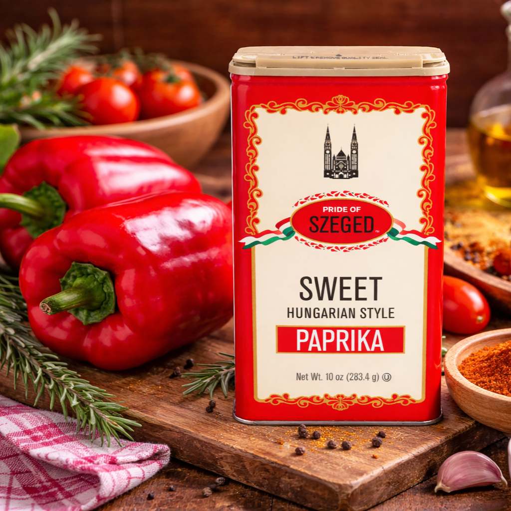 Red tin of Sweet Hungarian Style Paprika with peppers and tomatoes on a wooden board