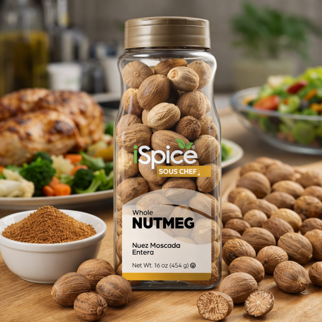 Spice Sous Chef nutmeg packaging with whole nutmegs and ground nutmeg on a wooden surface.