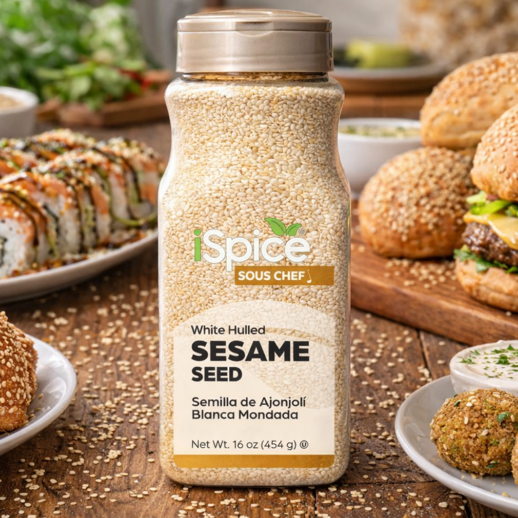 Spice jar labeled 'Sous Chef' with sesame seeds on a wooden table with food items.