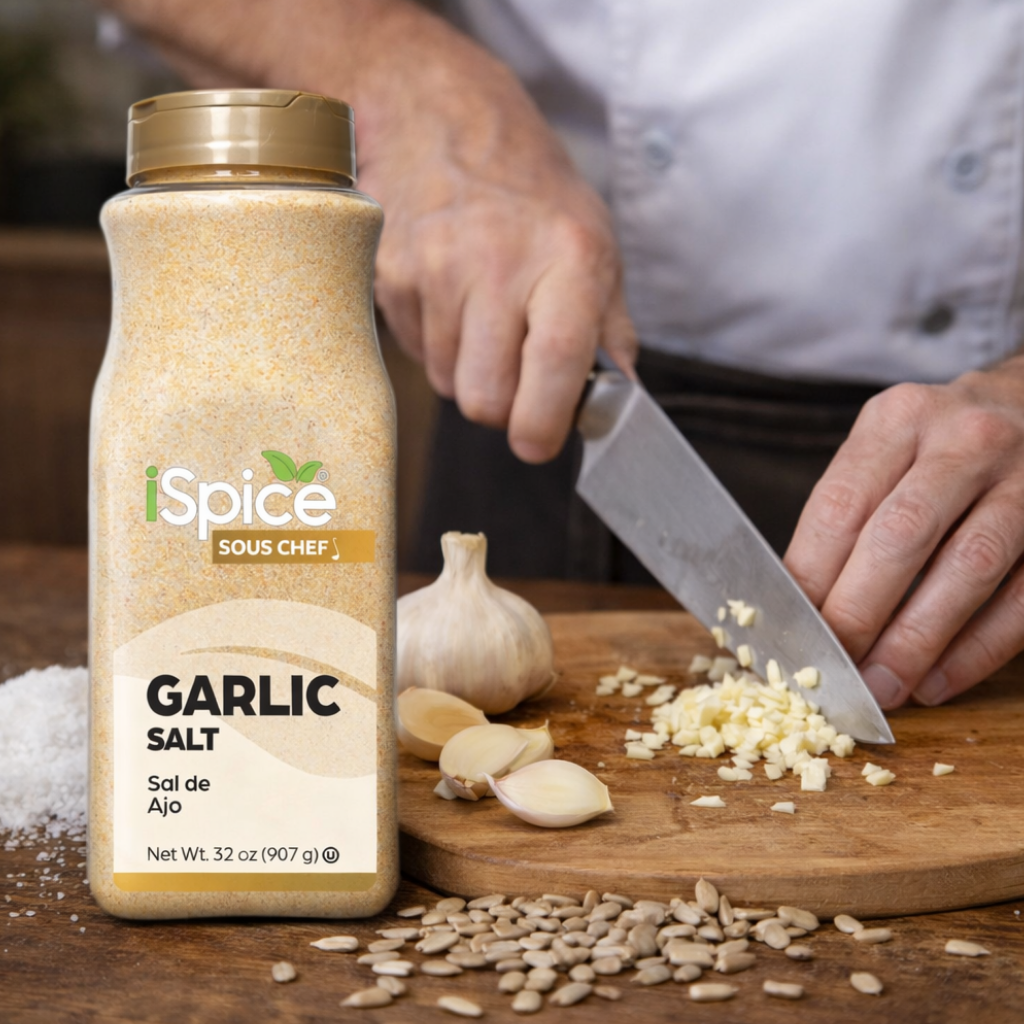 iSpice Garlic Salt bottle with a person chopping garlic in the background