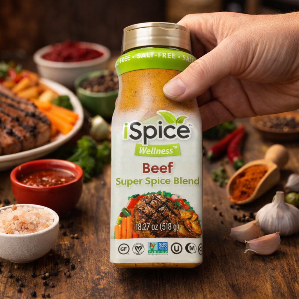 Hand holding a bottle of iSpice Wellness Beef Super Spice Blend on a wooden table with spices and ingredients.