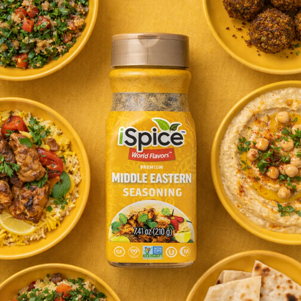iSpice Middle Eastern seasoning bottle surrounded by various dishes on a yellow background