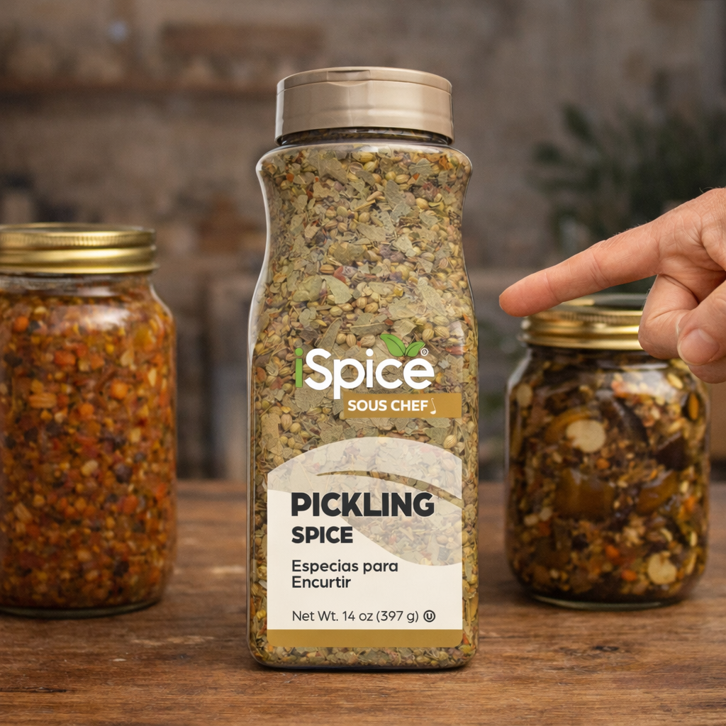 Spice bottle labeled 'Sous Chef' with pickling spice on a wooden surface.