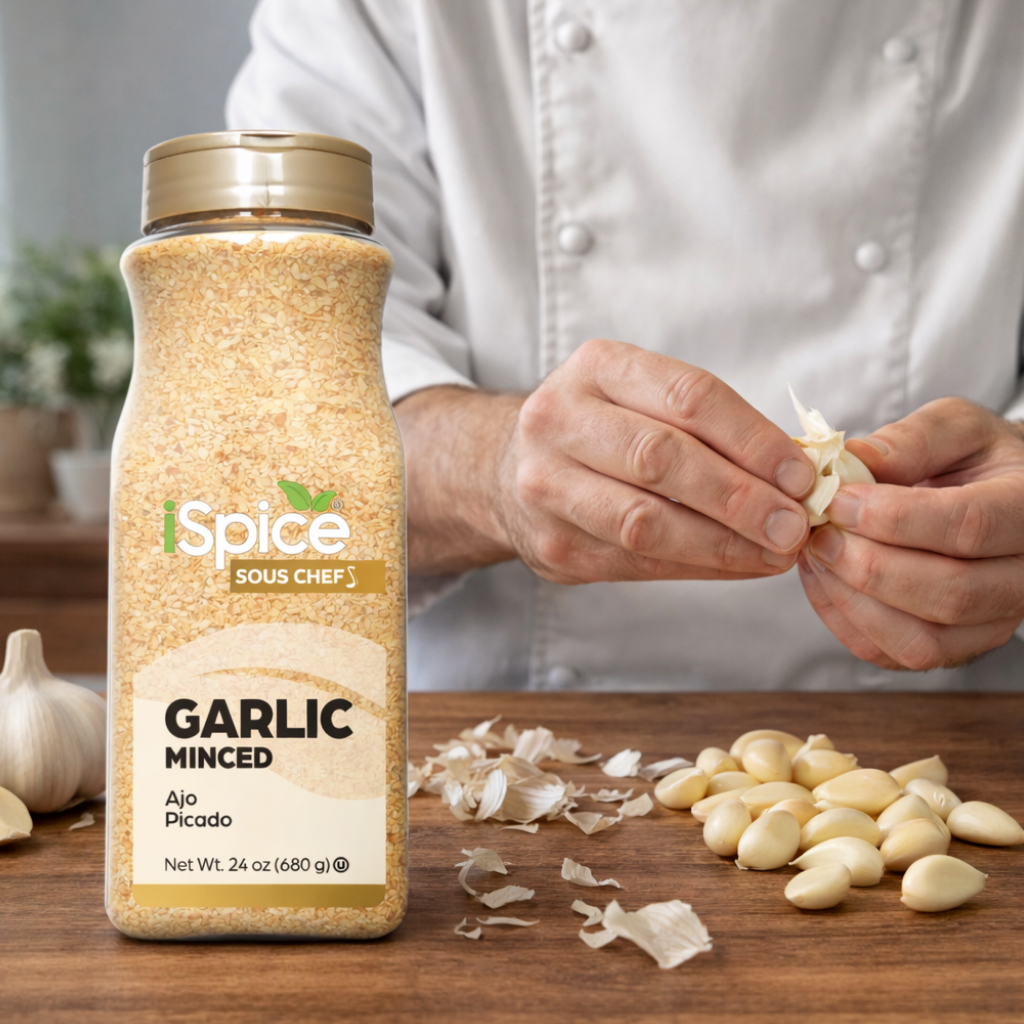 Bottle of minced garlic with a person preparing garlic on a wooden surface