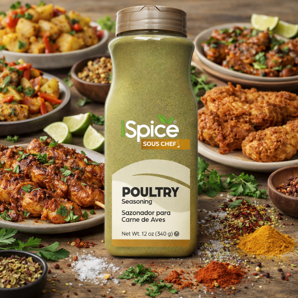 Spice Sous Chef Poultry seasoning bottle with various dishes and ingredients on a wooden surface