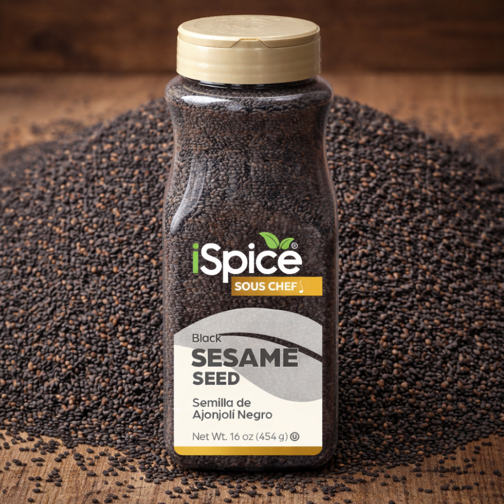 Spice container labeled 'iSpice' with sesame seeds on a wooden surface