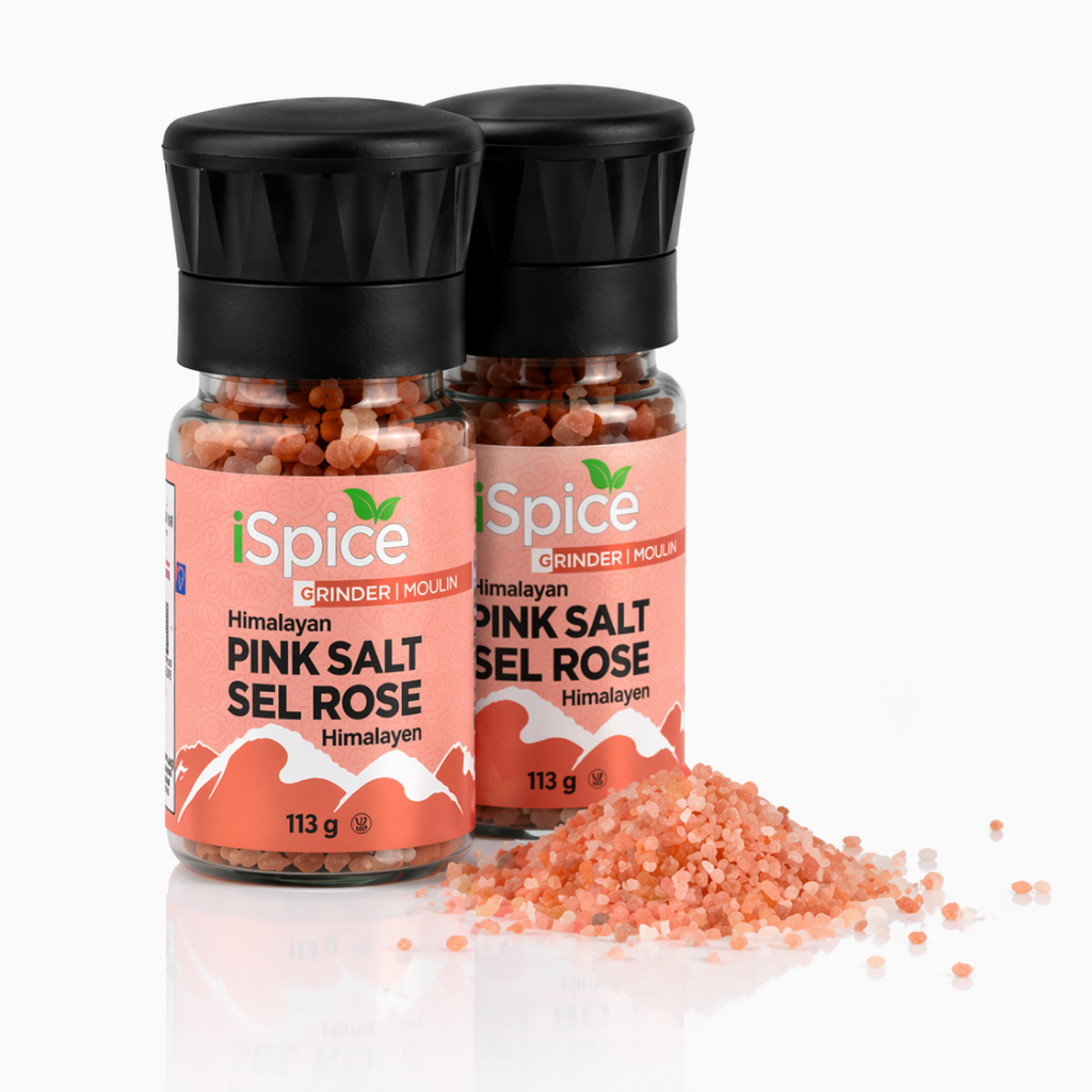 Two bottles of pink salt with a visible amount of salt on a white background