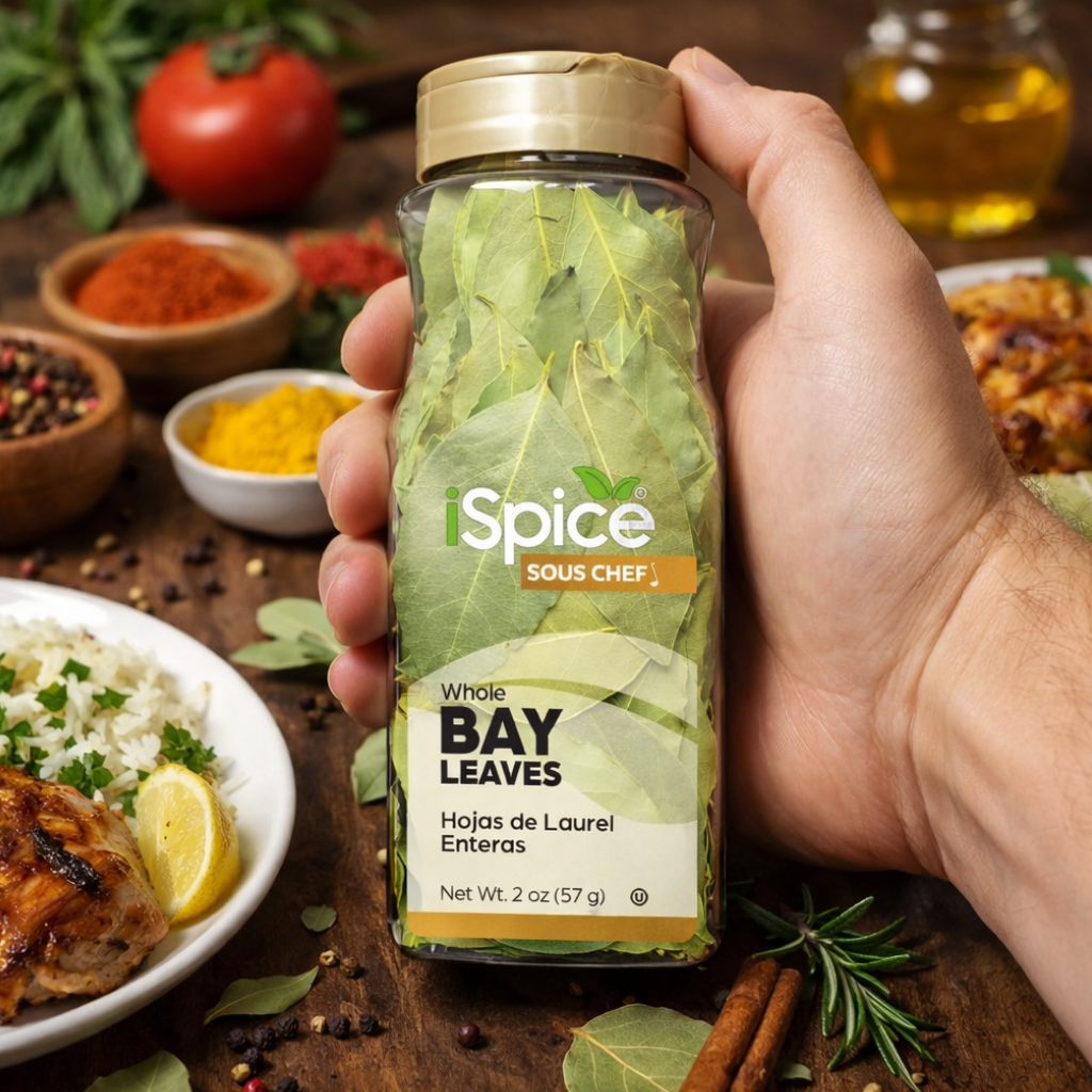 Hand holding a bottle of 'Spice Sous Chef' whole bay leaves with a rustic background of food ingredients.