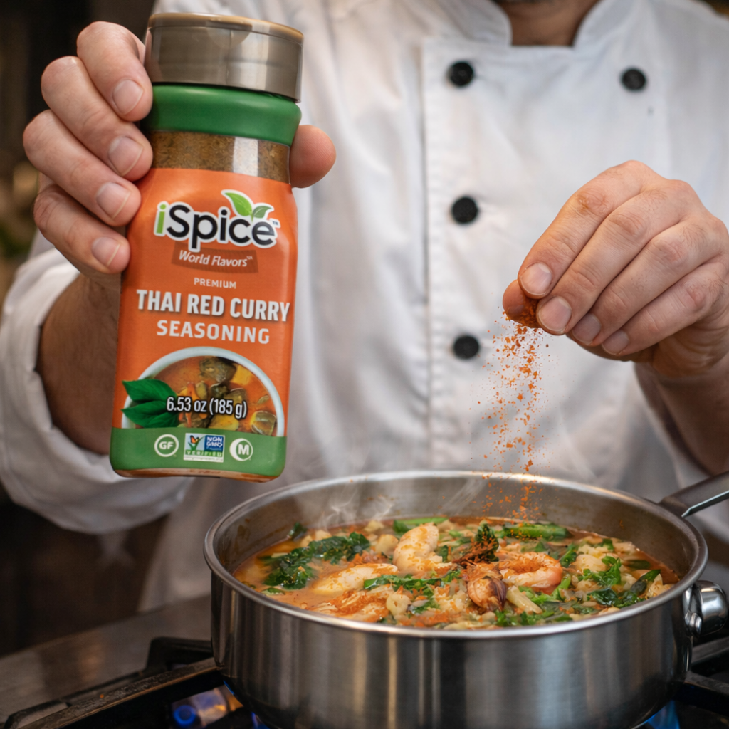Person adding Spice World Thai Red Curry seasoning to a pot of food